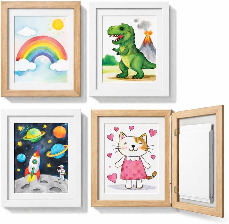 Kids Art Frames 8.5x11, 4-Pack Front Opening Changeable Picture Frames for Kids Artwork, Holds 150 Pieces Each, Artwork Storage and Wall Display Frame for Drawings, Portfolio, White & Wood